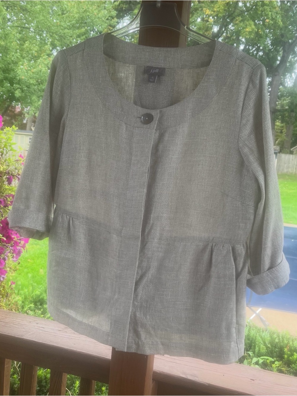 J.Jill Metallic Linen Blend Peplum Jacket Medium Petite Beige Shimmer Blazer